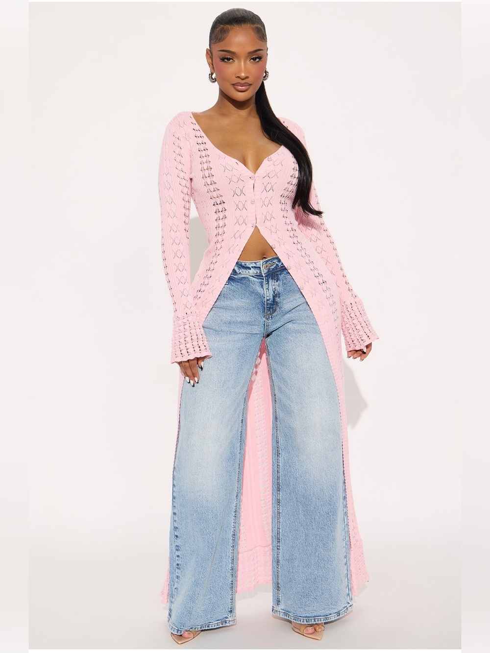 Light Pink Long-line Pointelle Cardigan